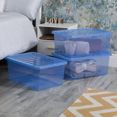 Wham Crystal Sparkle 3x 45L Plastic Storage Boxes with Lids Tint Sparkle Blue. Medium Size, Strong (Pack of 3, 45 Litre)