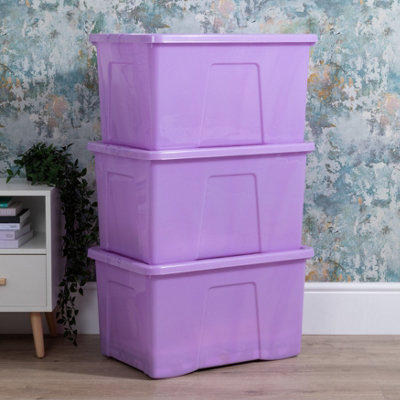 Wham Crystal Sparkle 3x 60L Plastic Storage Boxes with Lids Sparkle Lavender (Purple). Large Size, Strong (Pack of 3, 60 Litre)