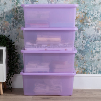 Wham Crystal Sparkle 4x 45L Plastic Storage Boxes with Lids Sparkle Lavender (Purple). Medium Size, Strong (Pack of 4, 45 Litre)