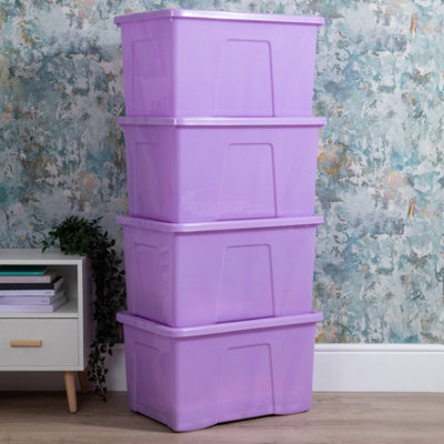 Wham Crystal Sparkle 4x 60L Plastic Storage Boxes with Lids Sparkle Lavender (Purple). Large Size, Strong (Pack of 4, 60 Litre)