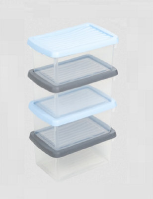Wham Set Of 4 Clear Stackable Storage Boxes With Lids 3.5L Grey Blue 27.5cm