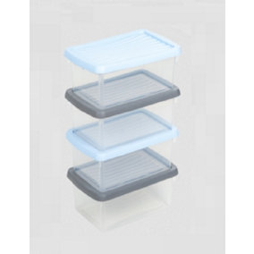 Wham Set Of 4 Clear Stackable Storage Boxes With Lids 3.5L Grey Blue 27.5cm
