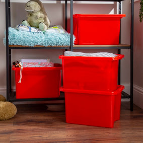 Wham Stack & Store 4x 24L Plastic Storage Boxes Small, (Pack of 4, 24 Litre). Made in the UK (General Red)
