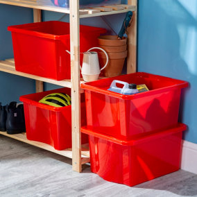 Wham Stack & Store 4x 35L Plastic Storage Boxes Medium, (Pack of 4, 35 Litre). Made in the UK (General Red)