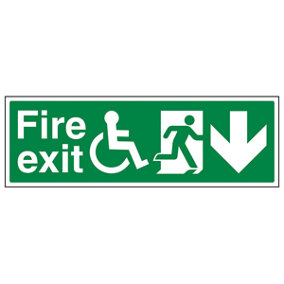 Wheel Chair Fire Exit Arrow Down Sign - Glow in Dark - 600x200mm (x3)