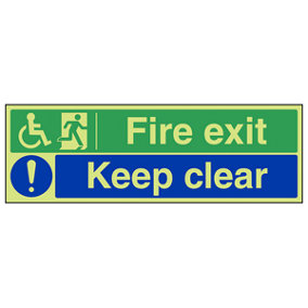 Wheel Chair Fire Exit Keep Clear Sign - Glow in Dark - 450x150mm (x3)