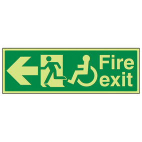 Wheel Chair Fire Exit LEFT Text Sign - Glow in Dark - 450x150mm (x3)