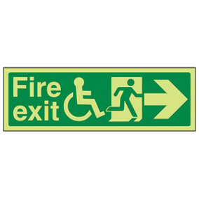 Wheel Chair Fire Exit RIGHT Text Sign - Glow in Dark - 300x100mm (x3)