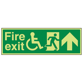 Wheel Chair Fire Exit UP Text Sign - Glow in Dark - 450x150mm (x3)