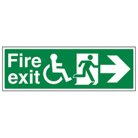 Wheel Chair Fire Exit With Text Arrow RIGHT Sign - Adhesive Vinyl - 300x100mm (x3)