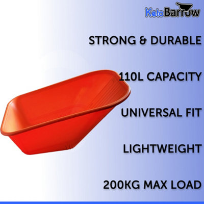 Wheelbarrow Body Tray Replacement Pan - 110L Capacity - Undrilled - Universal Fit - Barrow Body - Orange