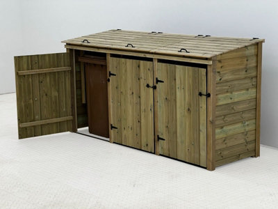 Wheelie bin store - Premium Tongue And Groove (Triple, With Recycling Shelf, Light Green (Natural)