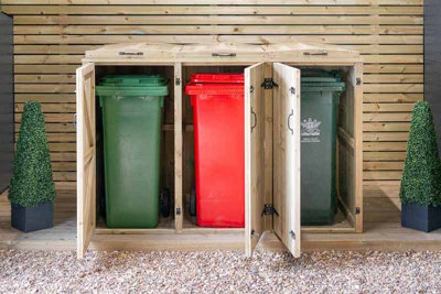 Wheelie Triple Bin Store - L64 x W180.5 x H120 cm - Timber - Fits 3 x 140L Wheelie Bins