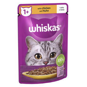 WHISKAS 1+ Adult Wet Cat Food Pouch in Jelly with Chicken 85g (Pack of 28)