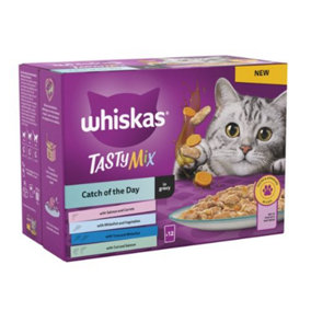 WHISKAS 1+ Catch of the Day Mix Adult Wet Cat Food Pouch in Gravy 12x85g (Pack of 4)
