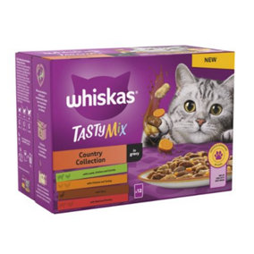 WHISKAS 1+ Country Collection Mix Adult Wet Cat Food Pouch in Gravy 12x85g (Pack of 4)