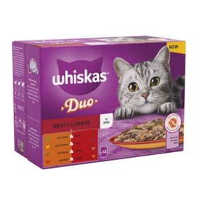 WHISKAS 1+ Duo Meaty Combos Adult Wet Cat Food Pouch in Jelly 12 x 85g (Pack of 4)