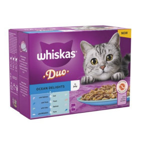 WHISKAS 1+ Duo Ocean Delights Adult Wet Cat Food Pouch in Jelly 12 x 85g (Pack of 4)