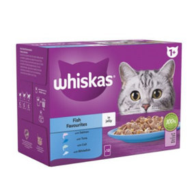 WHISKAS 1+ Fish Favourites Adult Wet Cat Food Pouch in Jelly 12 x 85g (Pack of 4)