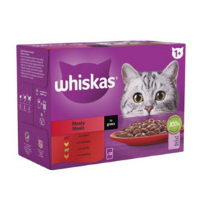WHISKAS 1+ Meaty Meals Adult Wet Cat Food Pouch in Gravy 12 x 85g (Pack of 4)
