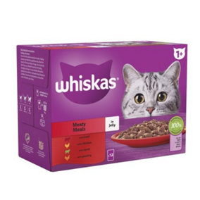 WHISKAS 1+ Meaty Meals Adult Wet Cat Food Pouch in Jelly 12 x 85g (Pack of 4)