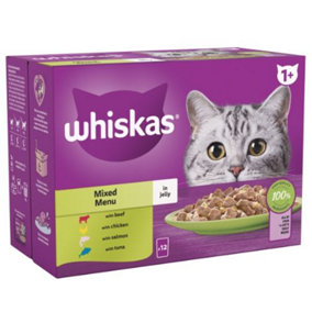 WHISKAS 1+ Mixed Menu Adult Wet Cat Food Pouch in Jelly 12 x 85g (Pack of 4)