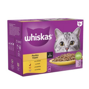WHISKAS 1+ Poultry Feasts Adult Wet Cat Food Pouch in Gravy 12 x 85g (Pack of 4)