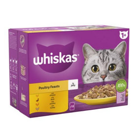 WHISKAS 1+ Poultry Feasts Adult Wet Cat Food Pouch in Jelly 12 x 85g (Pack of 4)
