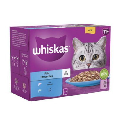 WHISKAS 11+ Fish Favourites Senior Wet Cat Food Pouch in Jelly 12 x 85g (Pack of 4)