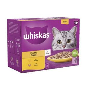 WHISKAS 11+ Poultry Feasts Senior Wet Cat Food Pouch in Jelly 12 x 85g (Pack of 4)