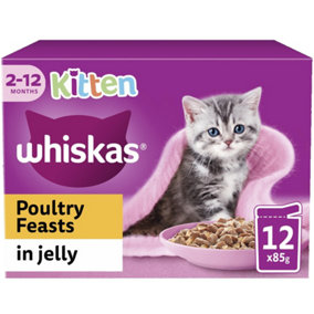 Whiskas 2-12mths Cat Pouches Poultry Feasts In Jelly Cat Food 12x85g Pack of 4