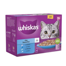 WHISKAS 7+ Fish Favourites Senior Wet Cat Food Pouch in Jelly 12 x 85g (Pack of 4)