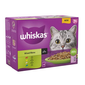 WHISKAS 7+ Mixed Menu Senior Wet Cat Food Pouch in Gravy 12 x 85g (Pack of 4)