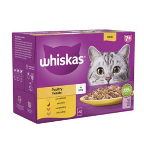 WHISKAS 7+ Poultry Feasts Senior Wet Cat Food Pouch in Jelly 12 x 85g (Pack of 4)