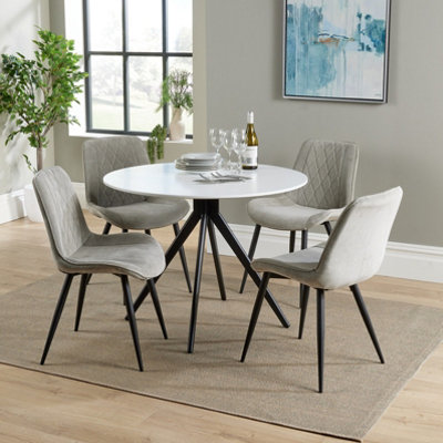 White 100cm dia. Round dining table with black pedestal leg frame