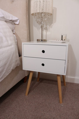 White 2 drawer bedside cabinet Scandia design with wood legs