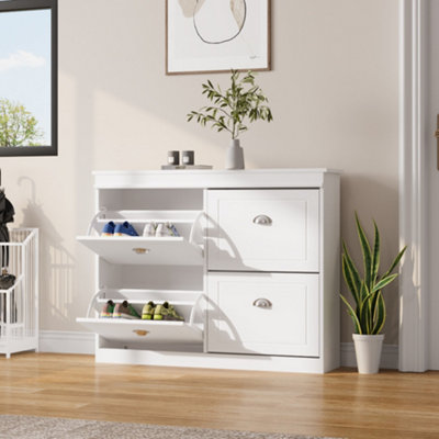 White Drawer Flip Down Wooden Shoe Bench Cabinet