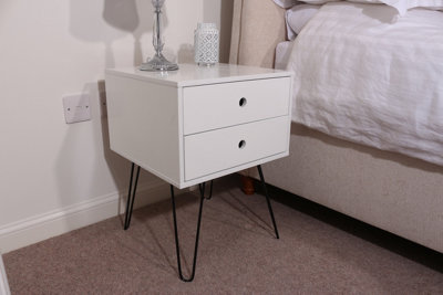 White 2 drawer Telford bedside cabinet with hair pin metal legs