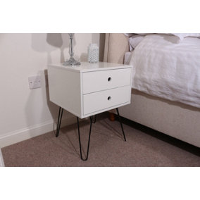 White 2 drawer Telford bedside cabinet with hair pin metal legs