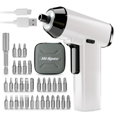White 3.6V Cordless Electric Screwdriver USB Power Rechargeable 34 PC Bit Set with Bag
