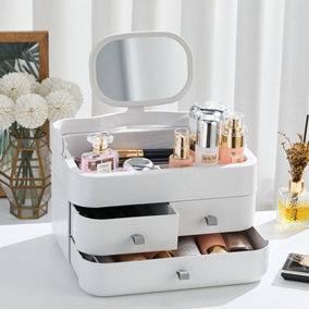 White 3 Drawers Plastic Desktop Makeup Organizer Storage with Mirror and Handle 30cm (W) x 20.5cm (D) x 17cm (H)