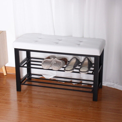 White 3 Tier Faux Leather Tufted Cushioned Shoe Rack Seating Bench ...