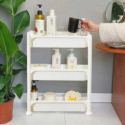 WHITE 3-TIER PP PLASTIC STORAGE CART WITH HOOKS FOR KITCHEN BATHROOM ...