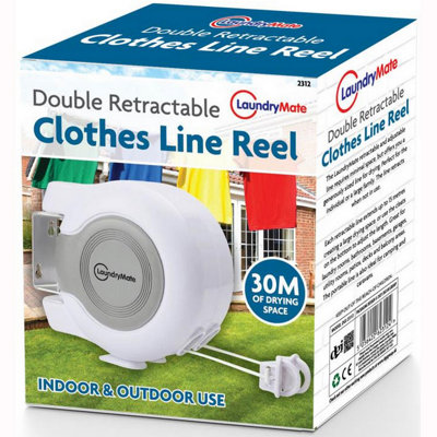White 30m Retractable Clothes Reel Double Washing Line Wall Mounted Outdoor