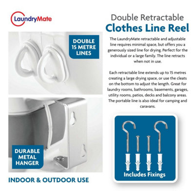 White 30m Retractable Clothes Reel Double Washing Line Wall Mounted Outdoor