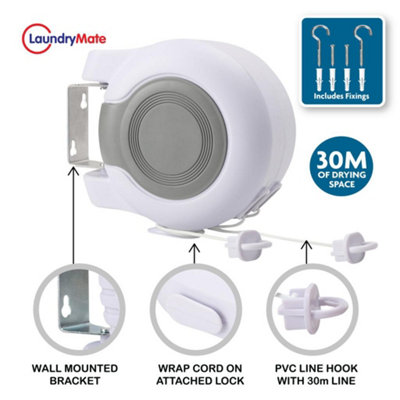 White 30m Retractable Clothes Reel Double Washing Line Wall