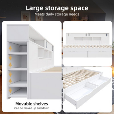 White 3ft Single Storage Daybed with Drawers & Adjustable Shelves ...