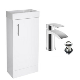 White 400 Vanity Basin Sink Unit & Sleek Waterfall Basin Tap & Waste - Chrome