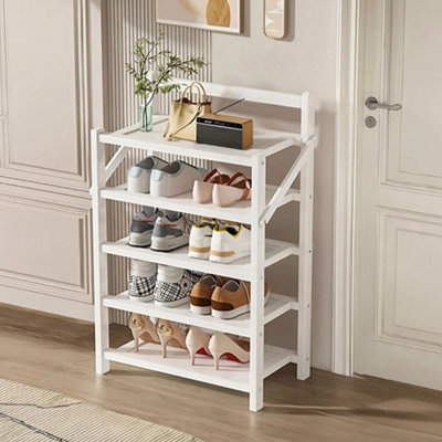 White 5-Tier Foldable Bamboo Freestanding Shoe Rack