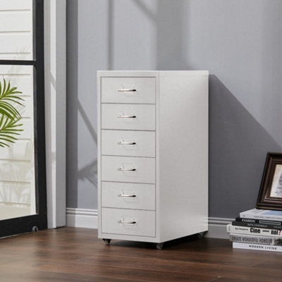 White 6 Drawer Chest Metal Movable Office Storage File Cabinet Nightstand with Wheels H 685 mm